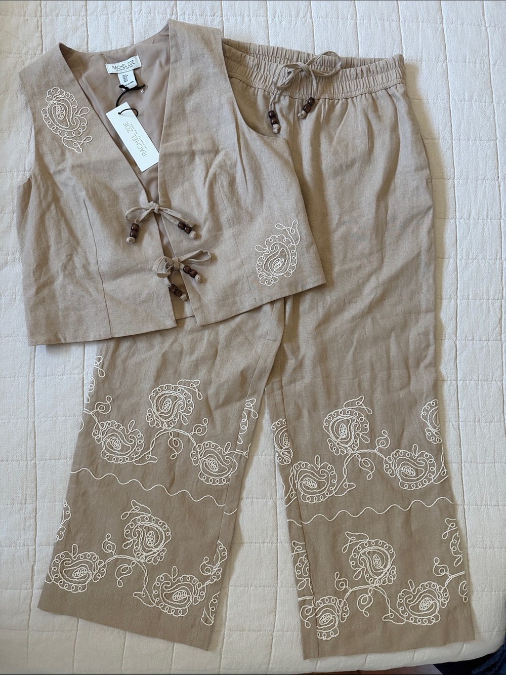 Rachel Zoe Beige Embroidered Linen Two-Piece Set NWT